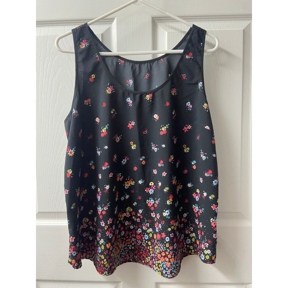 Unbranded Womens XL Tank Top Black Floral Scoop Neck